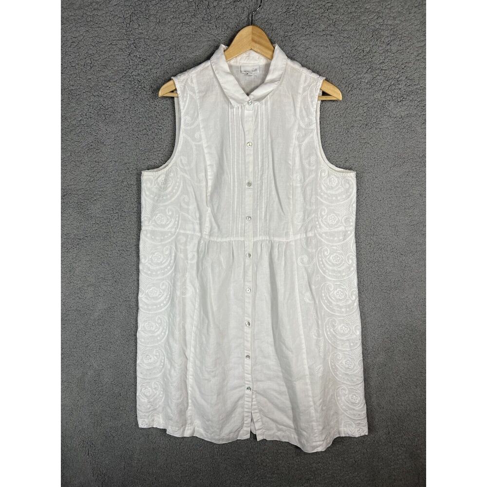 J Jill Love Linen Embroidered Dress XL White Button Front Cottage Core Floral